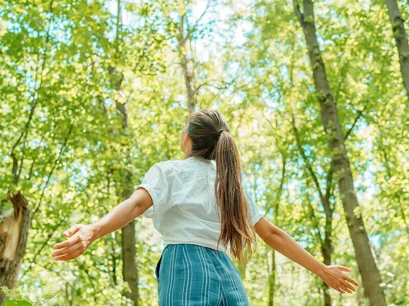 A young woman with her long hair tied in a pony tail, her back turned towards the viewer, stands in a sunlit leafy forest. She has her arms spread wide and her head tilted up.