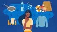 Illustration of a woman surrounded by everyday items like cosmetics, clothing, and food containers with question marks.