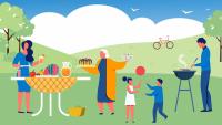 Illustration of a family having a summer picnic and barbecue in a park.