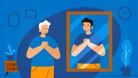 Illustration of an older man looking into a mirror and seeing a younger version of himself.
