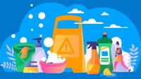 Illustration of various cleaning products and a person mopping.