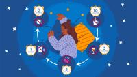 Illustration of a woman sleeping surrounded by icons representing good sleep habits and timing recommendations.