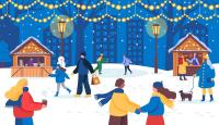 Illustration of people enjoying a snowy outdoor holiday market with lights, stalls, and ice skating.