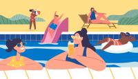 Illustration of people enjoying a sunny day at the pool.