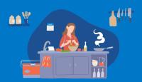 Illustration of a woman preparing food in a kitchen.