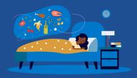 Illustration of a woman sleeping while dreaming of foods.