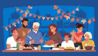 Illustration of a family gathered around a festive table.