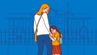Illustration of a young girl hugging her mother nervously outside a school.
