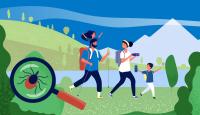 Illustration of a family hiking outdoors with a magnifying glass highlighting a tick.