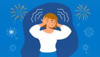 Illustration of a distressed woman covering her ears as fireworks explode around her.