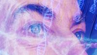Close-up of man's eyes surrounded by illustrations of DNA