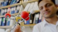 researcher holds a model of the taurine molecule
