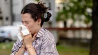 A young woman sneezing and reaching for tissues, signalling allergy issues.