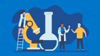 illustration of research leading to treatment with cartoon like doctors and researchers