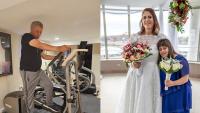 two columbia patients who had sleep apnea surgery; one adult male on an elliptical machine and the other in her wedding dress with her daughter