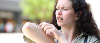 Woman scratches bug bite on her arm.