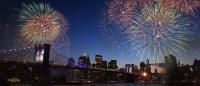 Fireworks above the Brooklyn Bridge and Manhattan skyline.