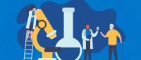 illustration of research leading to treatment with cartoon like doctors and researchers