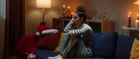 woman sitting alone in living room with holiday decorations